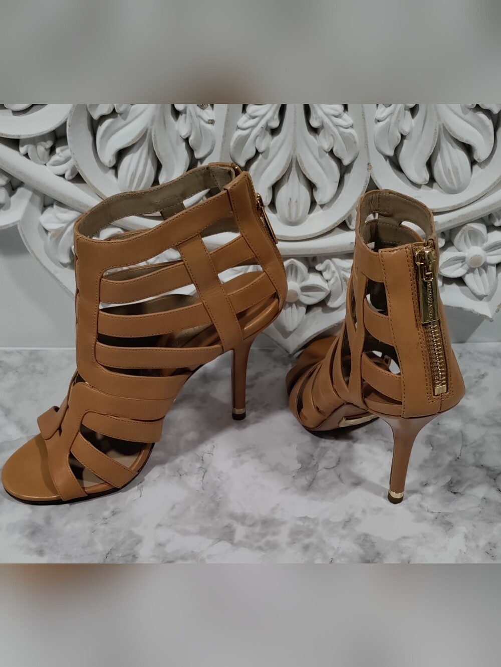 Michael Kors Tan Leather Strappy Cage Sandal Heels Size 37